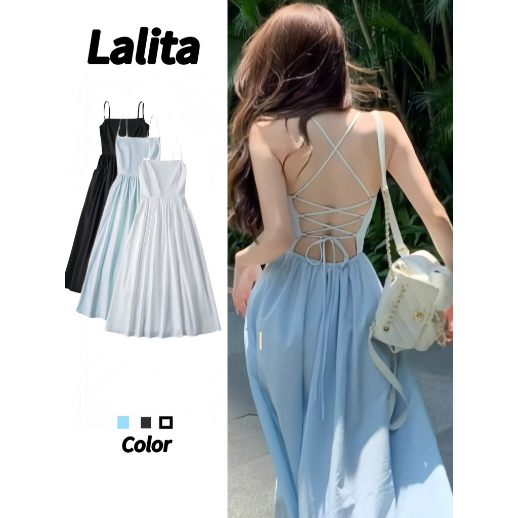 Lalita 🔥 เดรสออกงาน สายเดี่ยว เปิดหลัง🔥ชุดเดรสผู้หญิง ผูกเชือกด้านหน้า ด้านหลัง สีพื้น สไตล์หรูหรา