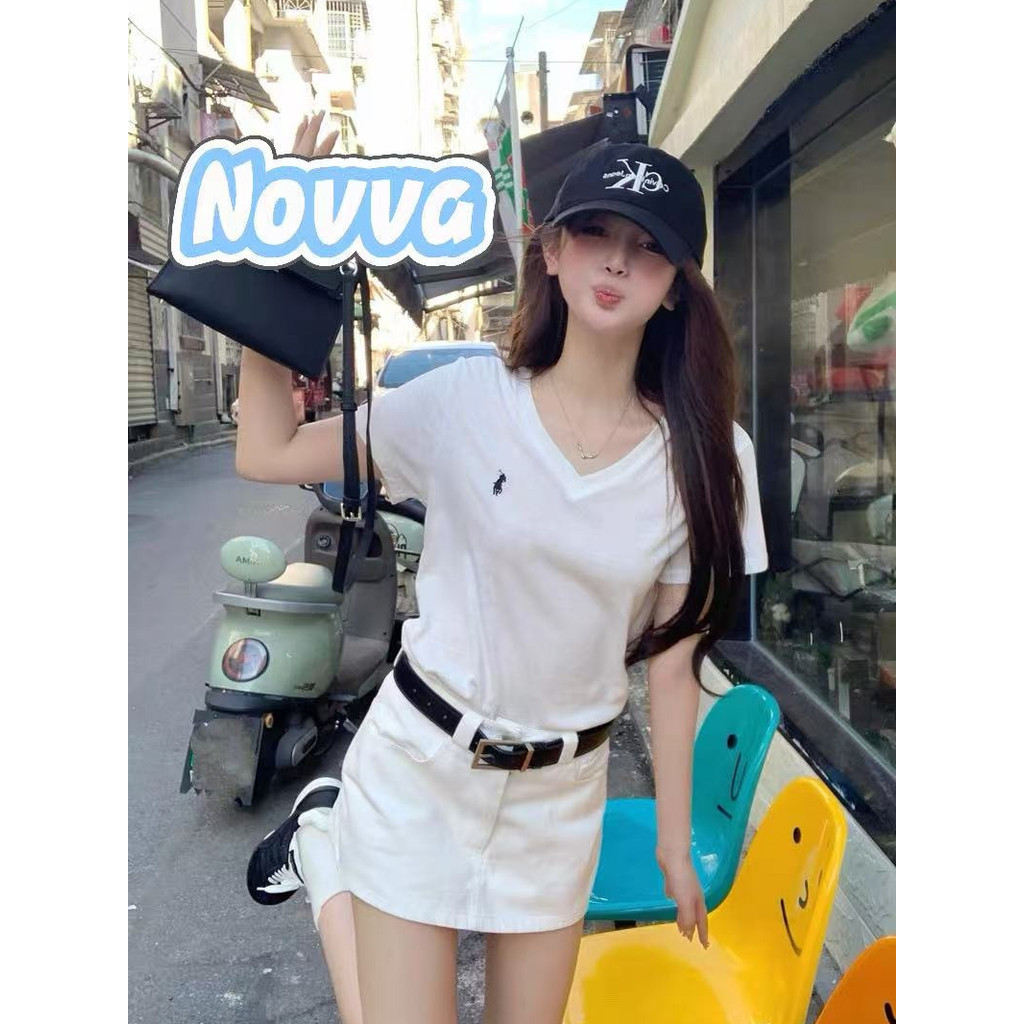 ส่งไวจากไทย🍒100%cotton เสื้อยืดผู้หญิง เสื้อยืดสีขาวผู้หญิง เสื้อเเขนสั้น แบบหลวม Novva