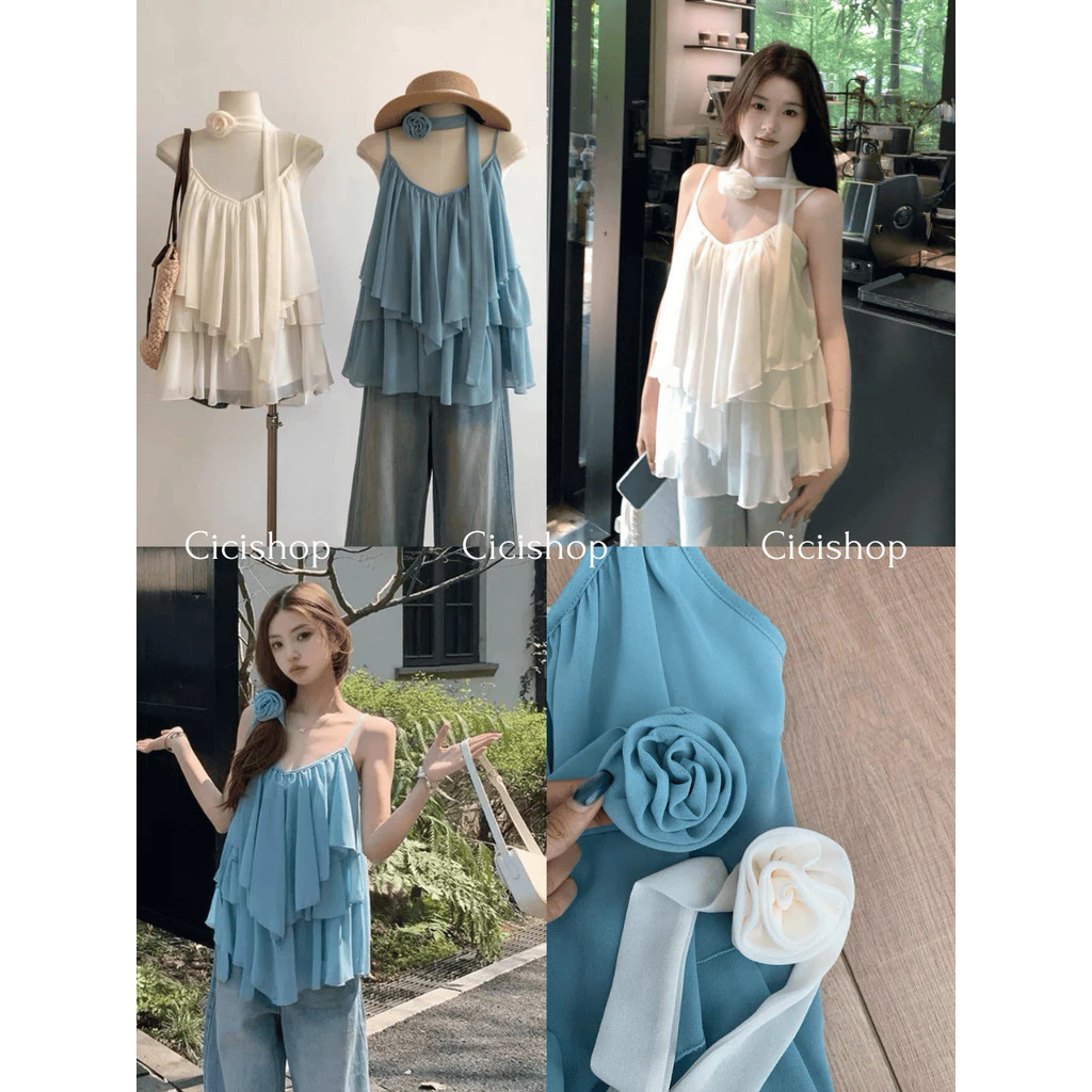 Cicishop(Y6370)เสื้อสายเดี่ยวผ้าชีฟองมีซับในสายเดี่ยวปรับสายได้ดีเทลแต่งผ้าระบายทั้งตัว ด้านหลังเป็นยางยืด สวยสับตัวแม่