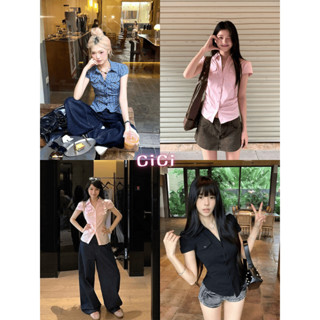 ส่งทันทีCici(NO. 3383)เสื้อคอปกแขนสั้นกระดุมหน้าทรงสวยแต่งกร…