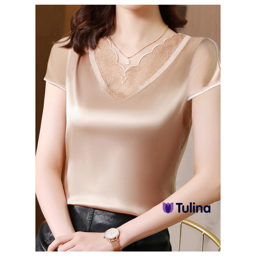 เสื้อยืดแขนสั้นผ้าลูกไม้ คอวีแฟชั่น ใส่ทำงานสบาย