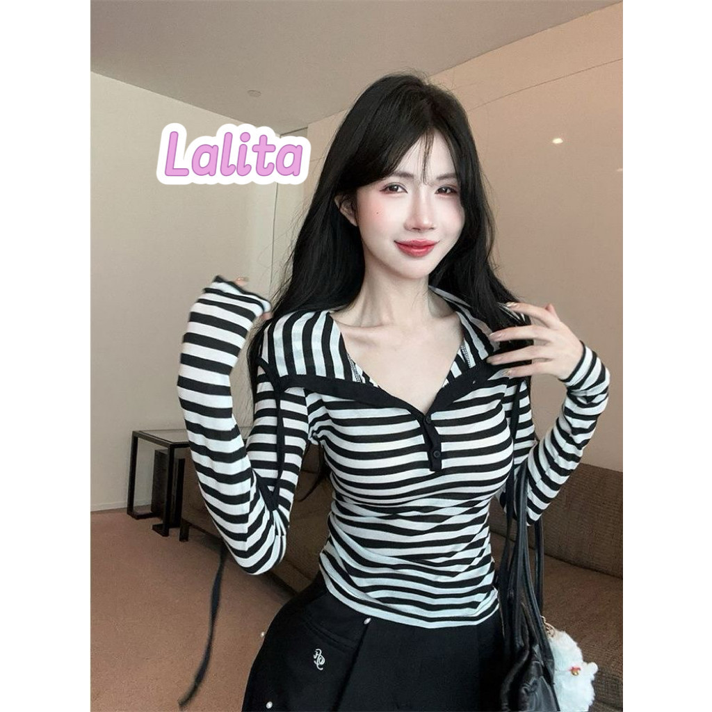 ส่งไวจากไทย 2สี เสื้อยืดลําลอง แขนยาว ลายทาง สไตล์วินเทจ สําหรับสตรี มีฮู้ด🎀Lali