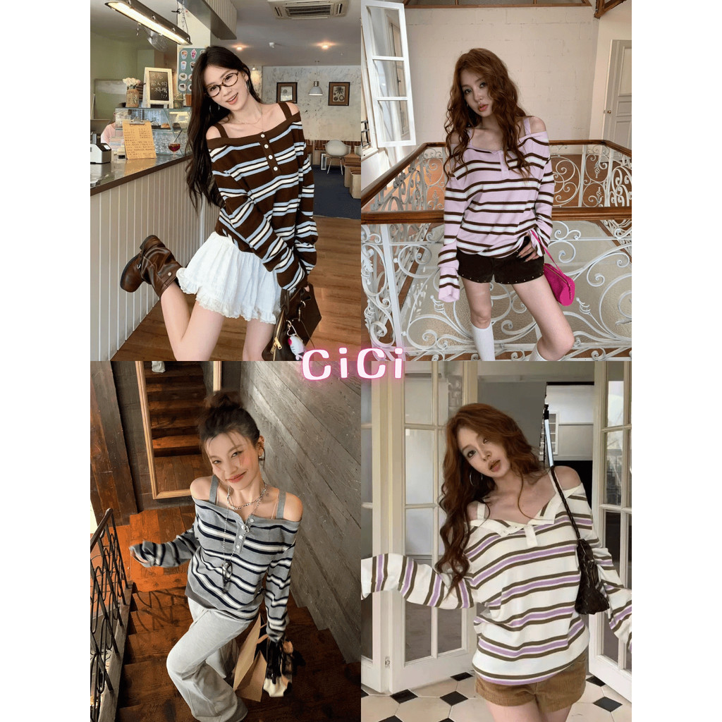 ส่งทันทีCici(NO. M3763)เสื้อไหมพรมแขนยาวลายทาง ผ้านุ่มมาก ปาดไหล่แบบมีสายเดี่ยวทรงหลวม สไตล์ฤดูใบไม้ร่วง