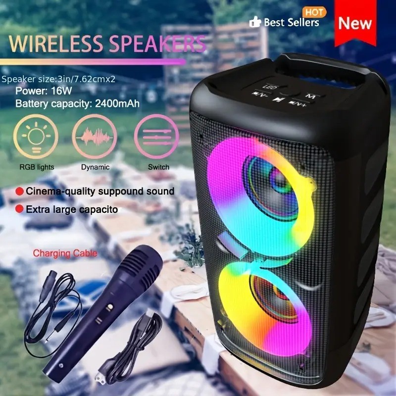 High-Power Wireless Speaker with 1 Microphone And Subwoofer - Stylish Black, Supports Wireless
