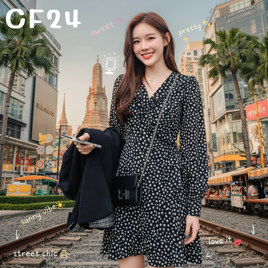 ꕥCatalog Fashionꕥ ชุดมินิเดรสแบบผูก แขนยาวลายจุดเล็ก ชายแต่งระบาย