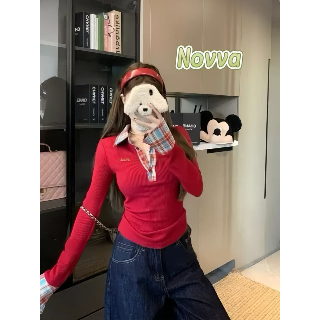 ส่งจากไทยทุกวัน เสื้อยืดผู้หญิง แขนยาว คอโปโล สไตล์ย้อนยุคแบบอเมริกัน👚Novva