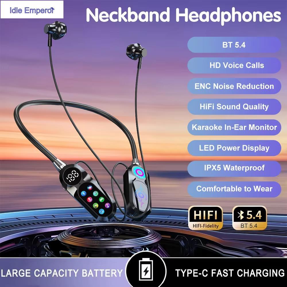 ไร้สายบลูทูธ5.4หูฟังกับ AI Voice Assistant,HiFi หูฟังแบบคล้องคอ IPX5 กันน้ําหน้าจอ HD โทรลดเสียงรบกว