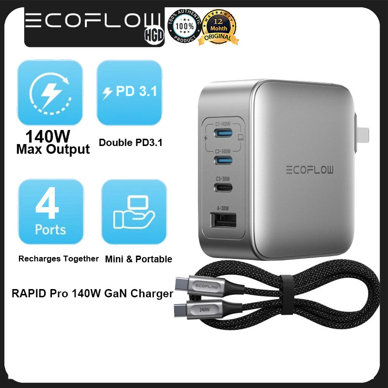 ECOFLOW RAPID Pro 140W Fast Charger อะแดปเตอร์ชาร์จ GaN 4 พอร์ตพร้อมปลั๊กพับได้