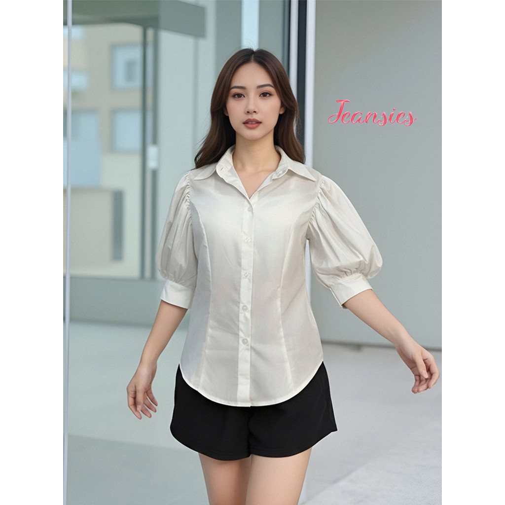 เสื้อเชิ้ตกระดุมหน้า แขนพอง สไตล์ฝรั่งเศส ชุดใส่ทำงาน