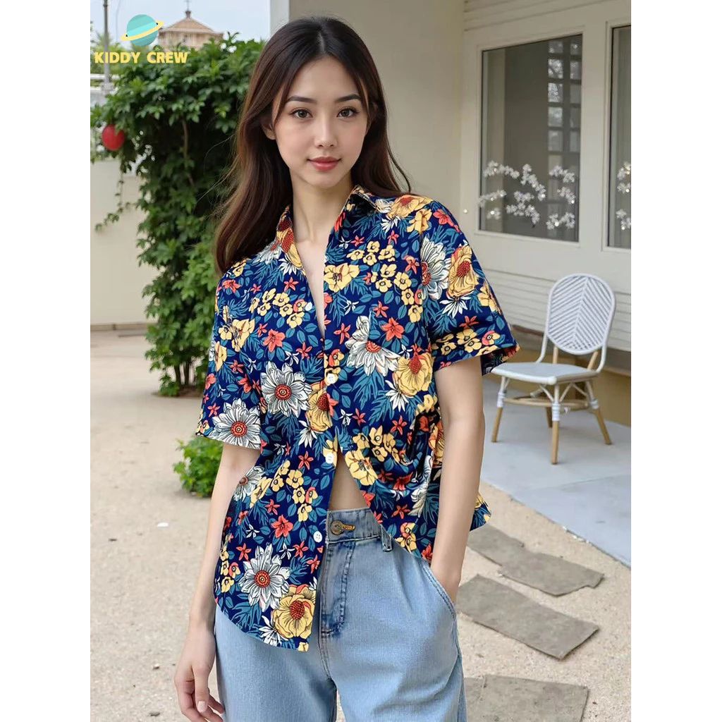 เสื้อเชิ้ตแขนสั้นลายดอกไม้ เสื้อทรงหลวม เสื้อสวมใส่สะดวก