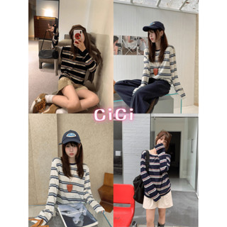 ส่งทันที Cici(NO. A2905) เสื้อไหมพรมคอกลมลายทางแขนยาว ทรงโอเ…