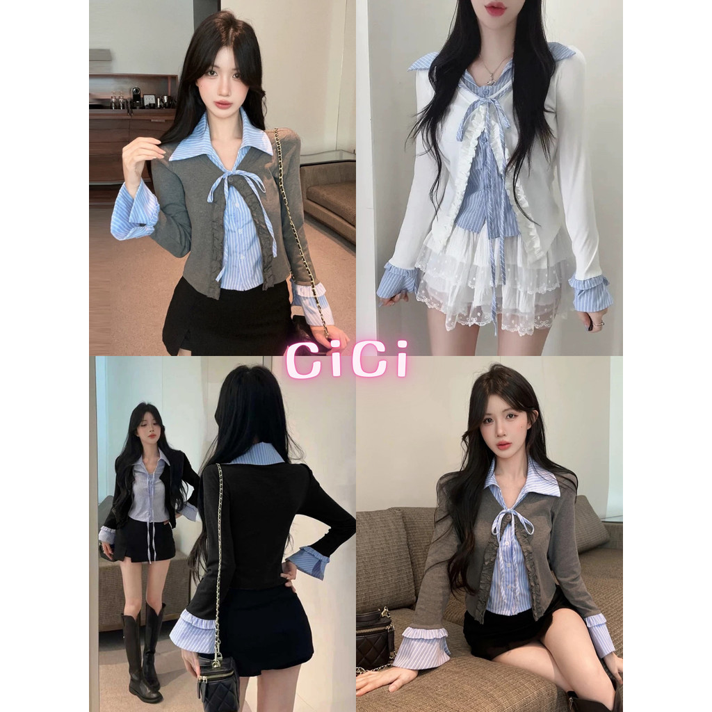 ส่งทันที Cici(NO. Y6387) เสื้อแขนยาวคอปกดีเทลเย็บติด2ชั้น มีกระดุมและผูกเชือกด้านหน้า สไตล์เกาหลีเกาใจสุดๆ