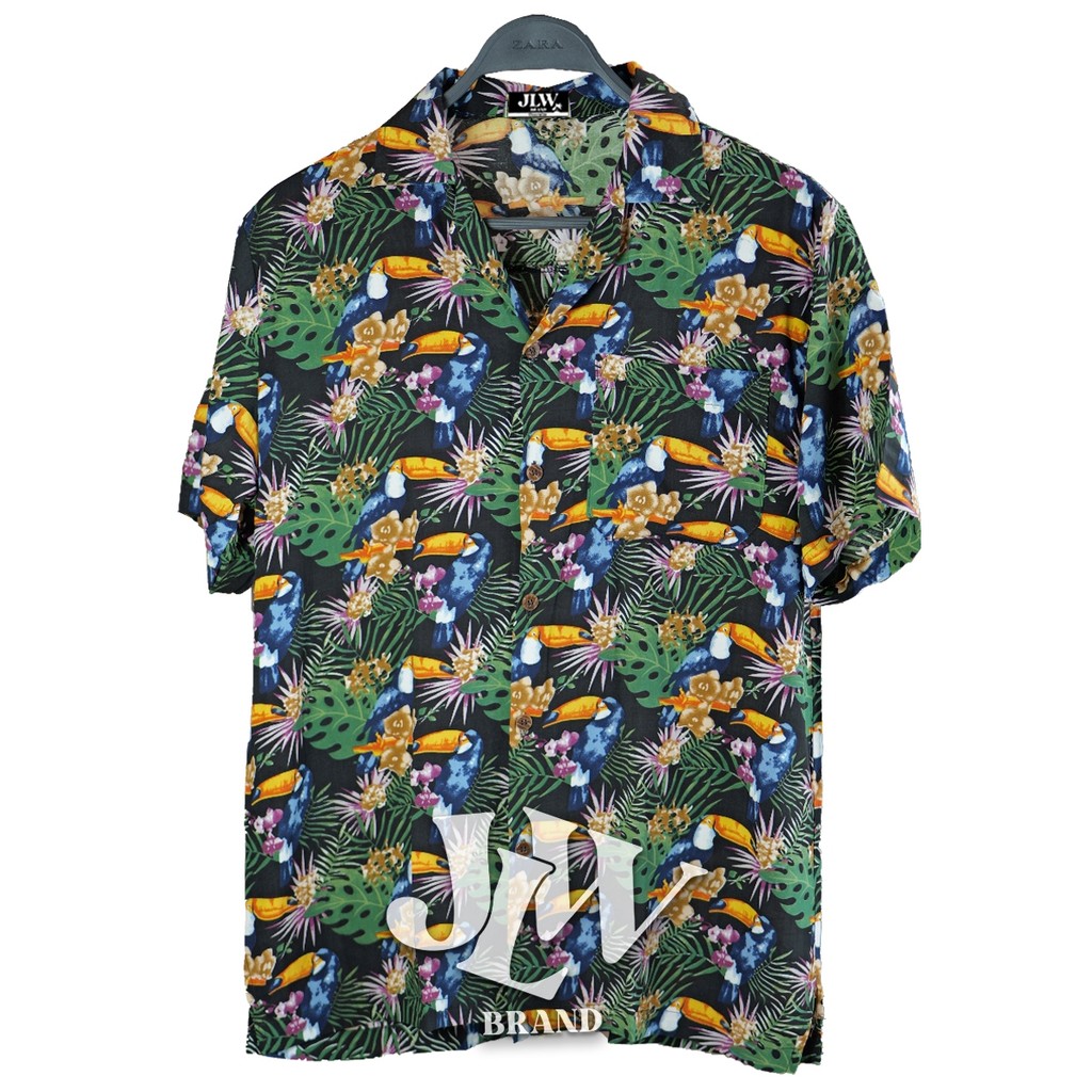 เสื้อฮาวาย ลายนกเงือกน้อย ดำ ผ้านิ่ม M L XL Oversize คอฮาวาย JLW BRAND