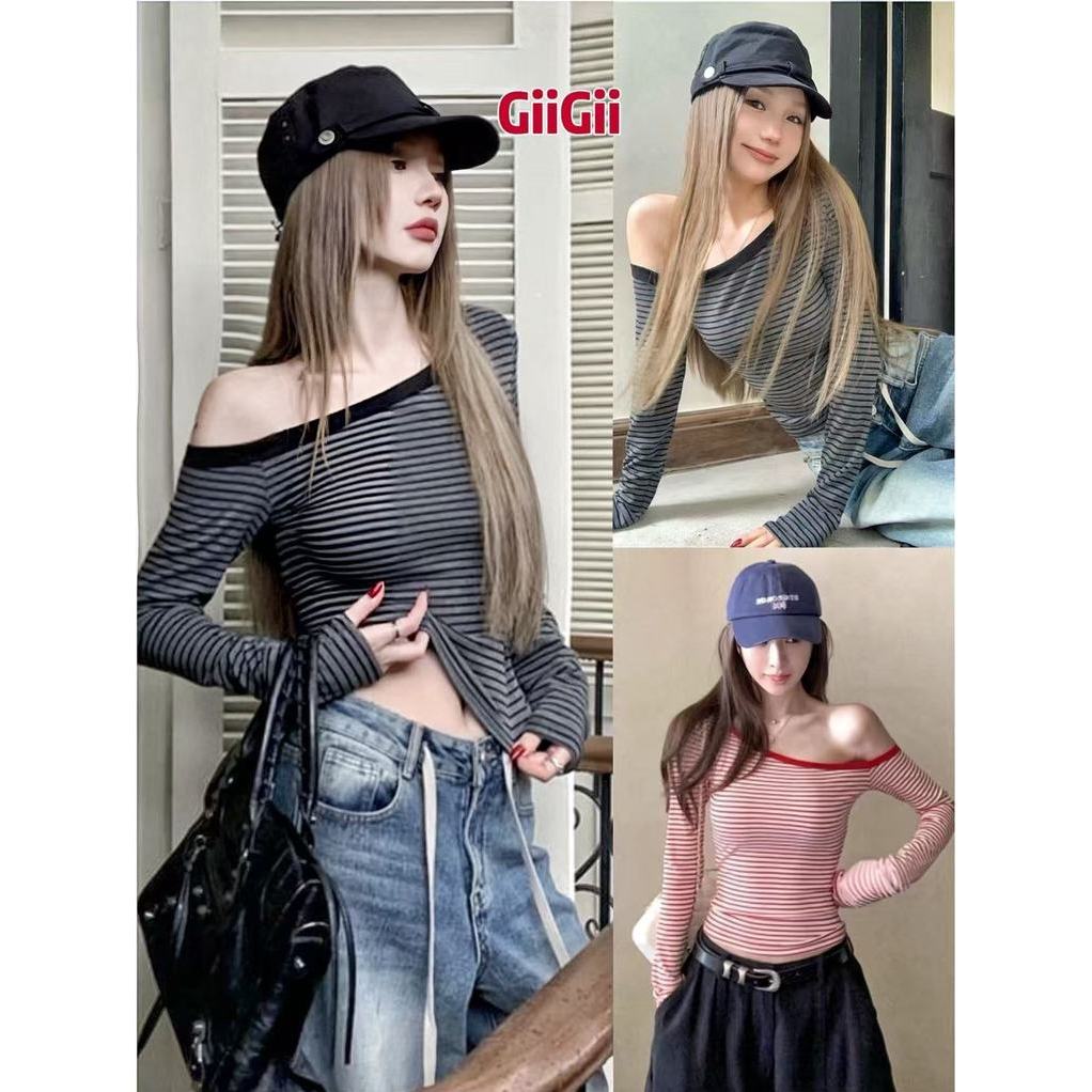 ส่งจากไทยทุกวัน เสื้อยืดแขนยาวปาดไหล่ลายทางสีตัดกัน เสื้อครอปรัดรูปสุดฮอตหวานแหวว 2สี🎀GiiGii