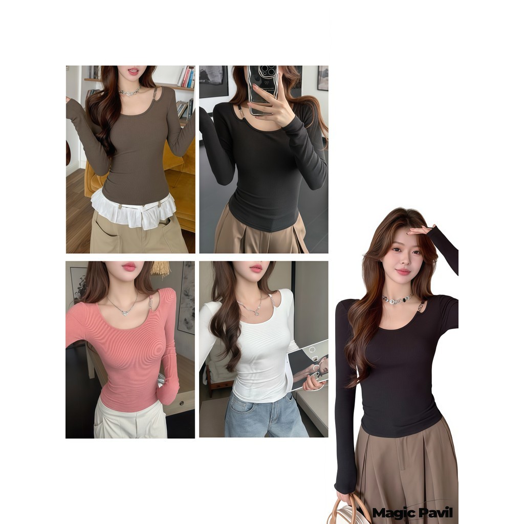 【Magic】พร้อมส่ง | เสื้อยืดแขนยาวใส่ง่าย คอกลม สีพื้น ตัดเอว สไตล์เกาหลี เสื้อผ้าผู้หญิง' FY5178