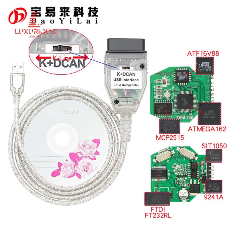 Inpa usb for bmw K+Dcan ft232rl พร้อมสวิตช์ BMW E แชสซี สายเคเบิลวินิจฉัยรถยนต์ W9TK