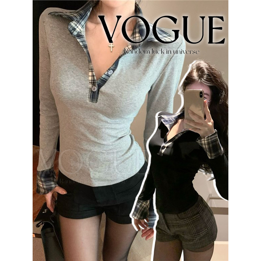 Vogue🌟พร้อมส่ง🌟 เสื้อแขนยาวผู้หญิง คอปก ทรงเข้ารูป ดีเทลแต่งลายสก็อตน่ารักมาก (FY33050)