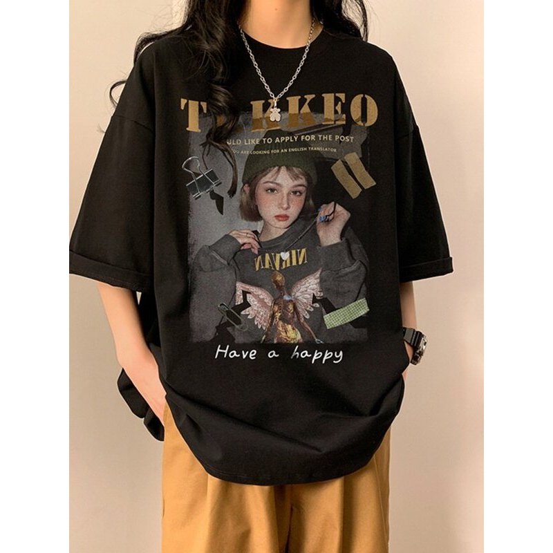 LL Pay: (จัดส่งตลอด 24 ชั่วโมง) ขนาดพิเศษ MODE Korea เสื้อยืดผู้หญิงสีดำหลวมแขนสั้น