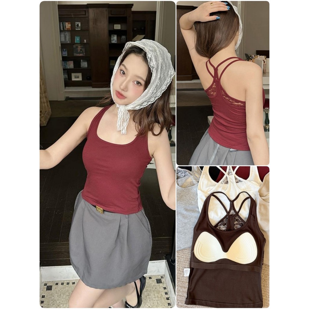 เสื้อกล้ามมีฟองน้ำในตัว สายไขว้ด้านหลัง ไม่ต้องใส่บรา ผ้านุ่มใส่สบาย ใส่คาเฟ่ เสื้อใส่หน้าร้อน Padded camisole #11037