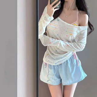 🧡Basic swimsuit💛กางเกงขาสั้นสีฟ้า กางเกงขาสั้นทรงหลวม ขอบเอวยางยืด สามารถใส่คู่กับบิกินี่ เสื้อ หรืออื่นๆ ได้ beach COD