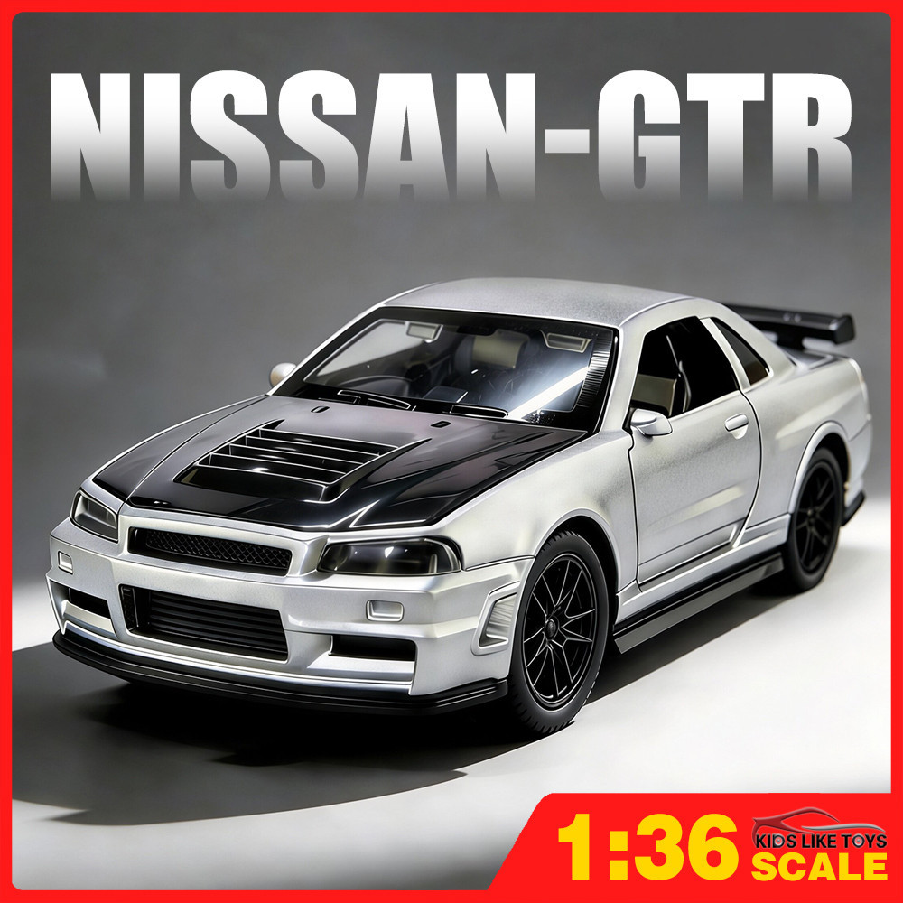 1:36 Nissan GTR R34 โมเดลรถเหล็กรถโลหะผสมของเล่นของขวัญสําหรับเด็กเด็กผู้หญิง