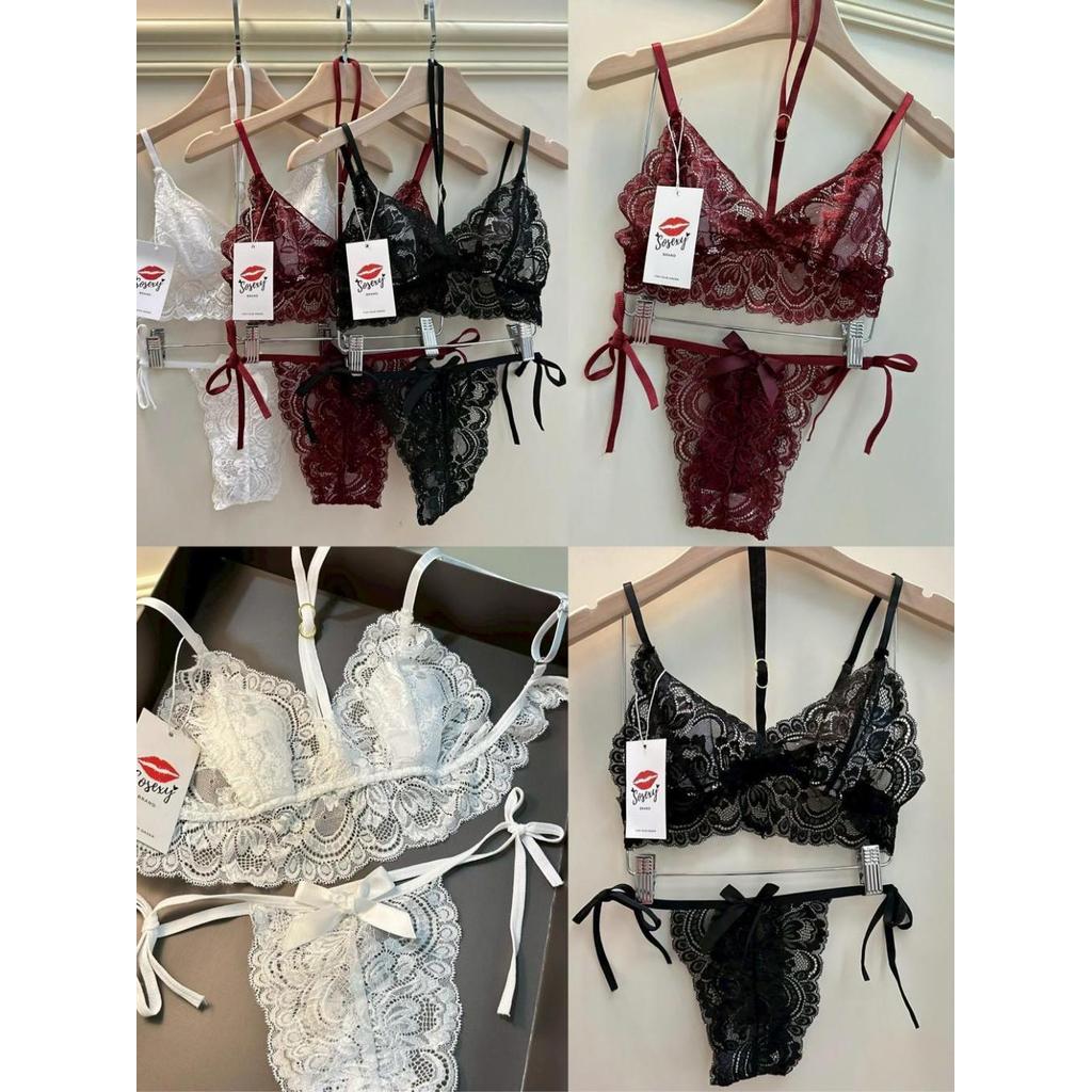 Sosexy【พร้อมส่ง】So90 เซตชั้นในลูกไม้ เสื้อในสายคล้องคอ ฟองน้ำบาง กกนสายผูกเอวแต่งโบว์ ลายลูกไม้ดูแซ่บสุดๆ