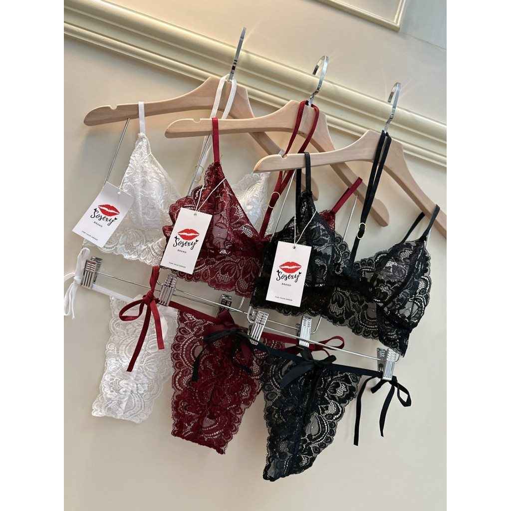 SPND【พร้อมส่ง】So90 เซตชั้นในลูกไม้ เสื้อในพร้อมสายคล้องคอ กกนแต่งโบว์สายผูกเอว เนื้อผ้านุ่มละมุน สุดเซ็กซี่