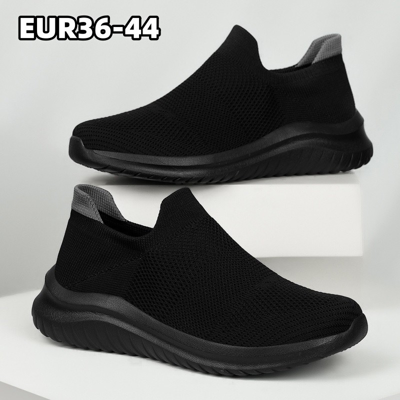 รองเท้าผ้าใบสีดำ Slip-On ผู้ชายผู้หญิง EUR36-44 สบายเท้า เบา ไม่ลื่น ระบายอากาศดี สวมใส่ง่าย สำหรับเดินออกกำลังกาย
