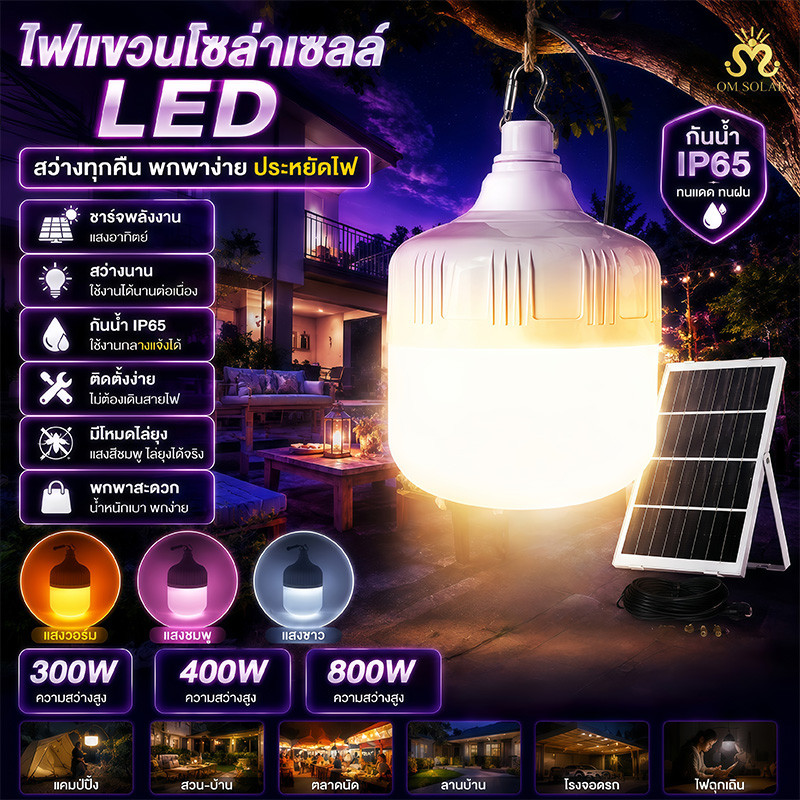 ไฟตุ้มโซลาร์เซลล์ QM 400W 600W 800W พร้อมแผงโซลาร์ หลอดไฟพกพา แสงขาวใช้งานกลางแจ้ง กันน้ำ IP65