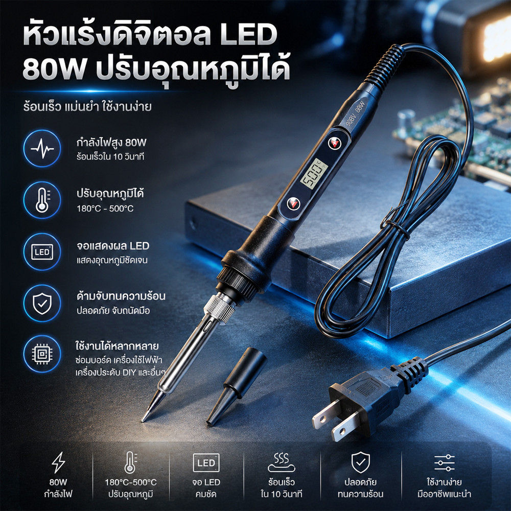 Airepair หัวแร้งบัดกรี 80W ดิจิตอล LED ปรับอุณหภูมิ 180-500°C ซ่อมวงจร DIY Soldering Iron