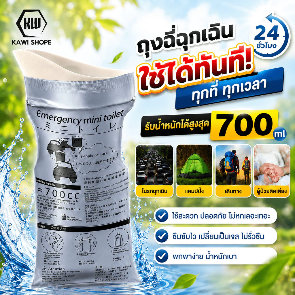 KAWI ถุงปัสสาวะ 700cc แบบพกพา ใช้บนรถ ใช้ได้ทั้งผู้หญิงและผู้ชาย เหมาะสำหรับกลางแจ้งและการจราจรติดขัด