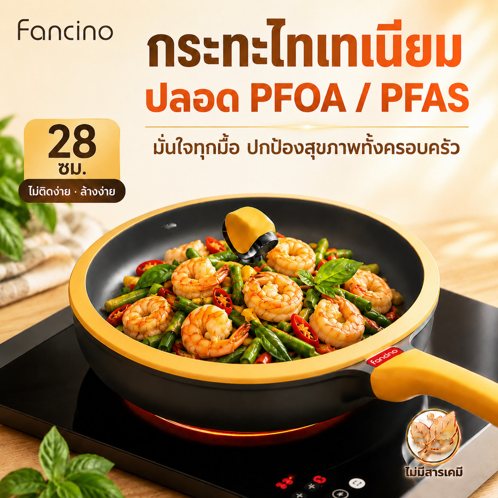 Fancino กระทะทอดไทเทเนียม 28 ซม. เซ็นเซอร์อุณหภูมิ ปราศ PFOA PFAS ไม่ติดธรรมชาติ มือจับทนความร้อน พร้อมฝา