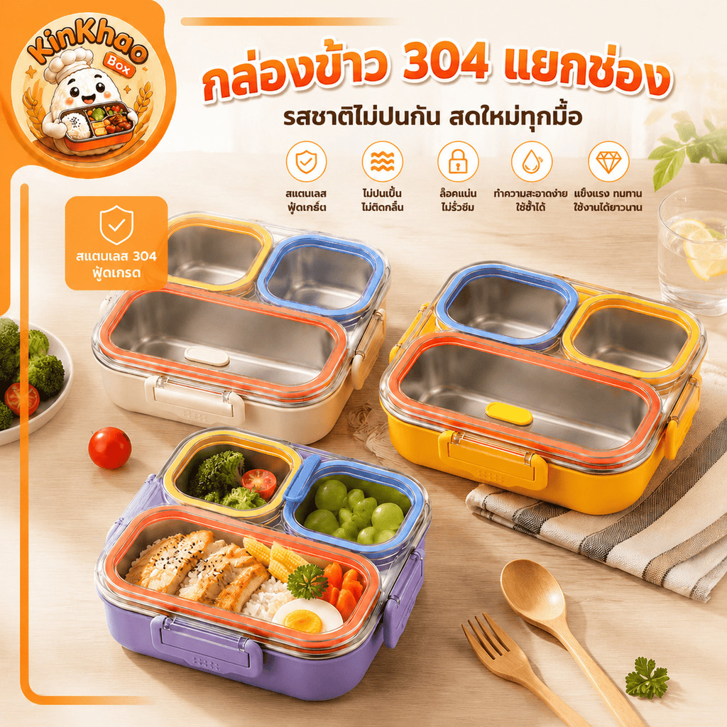 [พร้อมส่ง] กล่องข้าว สแตนเลส 304 ฟู้ดเกรด แบบแยกช่อง ล็อคแน่น ไม่รั่วซึม รสชาติไม่ปนกัน ปิ่นโต