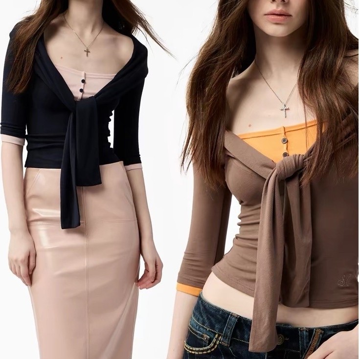 4muggle Original Design Henley Collar Faux Two-Piece Color Block Top