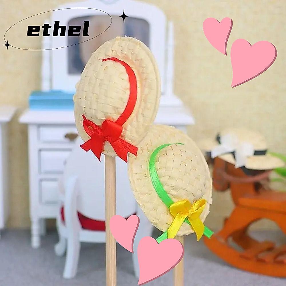 ETHEL Doll House Miniature, Straw Material Miniature Size Doll Straw Hat, DIY Handmade Design Sun Pr