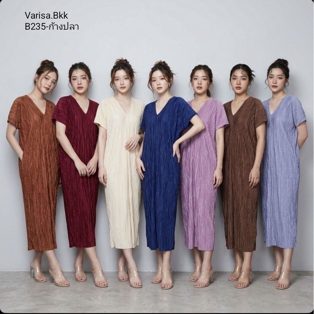 Maxidress Pleated ชุดเดรสยาวอัดพลีทแฟชั่นสาวอวบ แฟชั่นชุดพลีท ชุดใส่เที่ยวทะเล เดรสยาวFreesize b235 ซากุระพลีท ชุดออกงาน