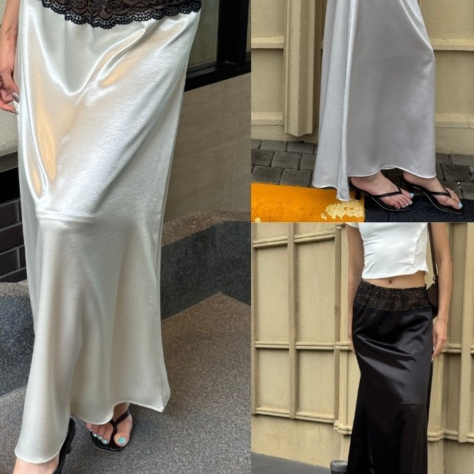 BXB - LUXE SATIN LACE SKIRT กระโปรงยาวซาตินแต่งขอบลูกไม้ / ส่งด่วน