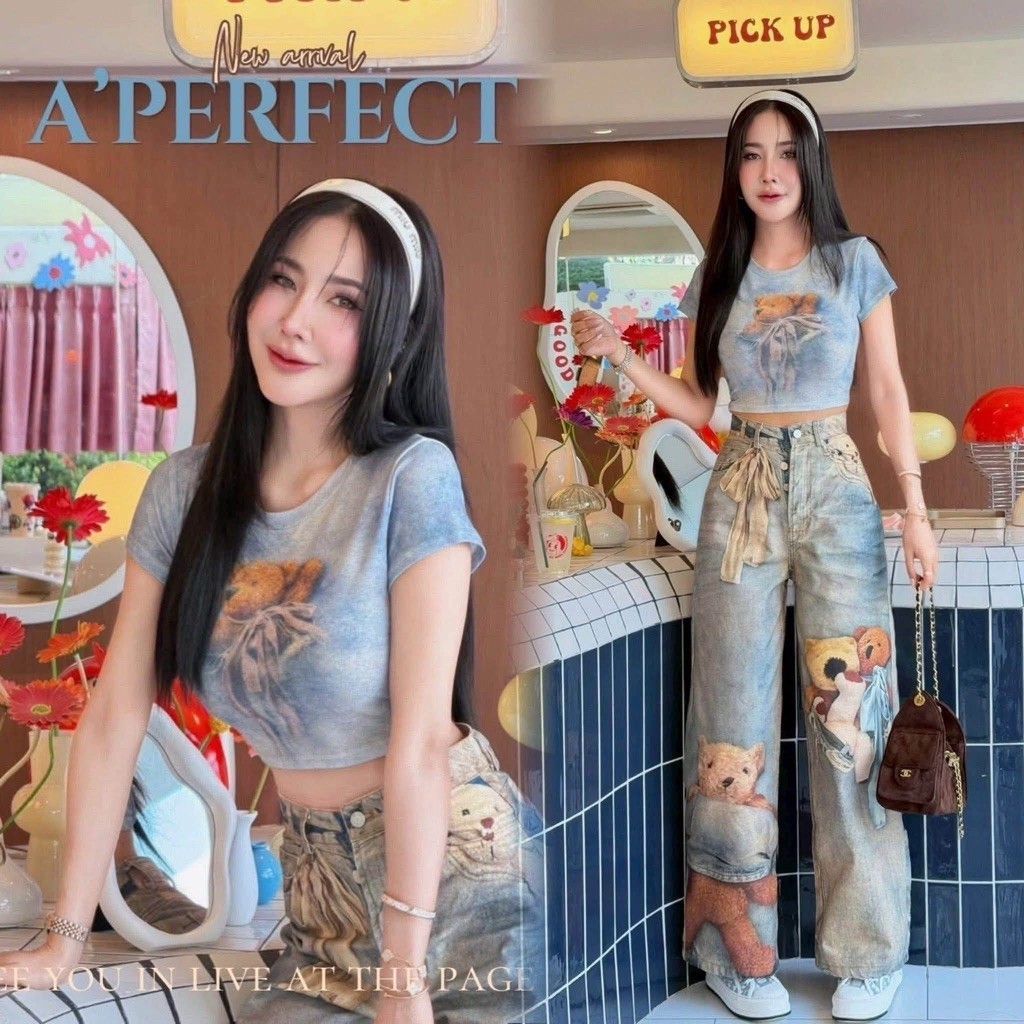 เซ็ทเสื้อ กางเกงยีนส์ มือ 2  ไซต์ L ป้าย valley  grill ตัดชายขา