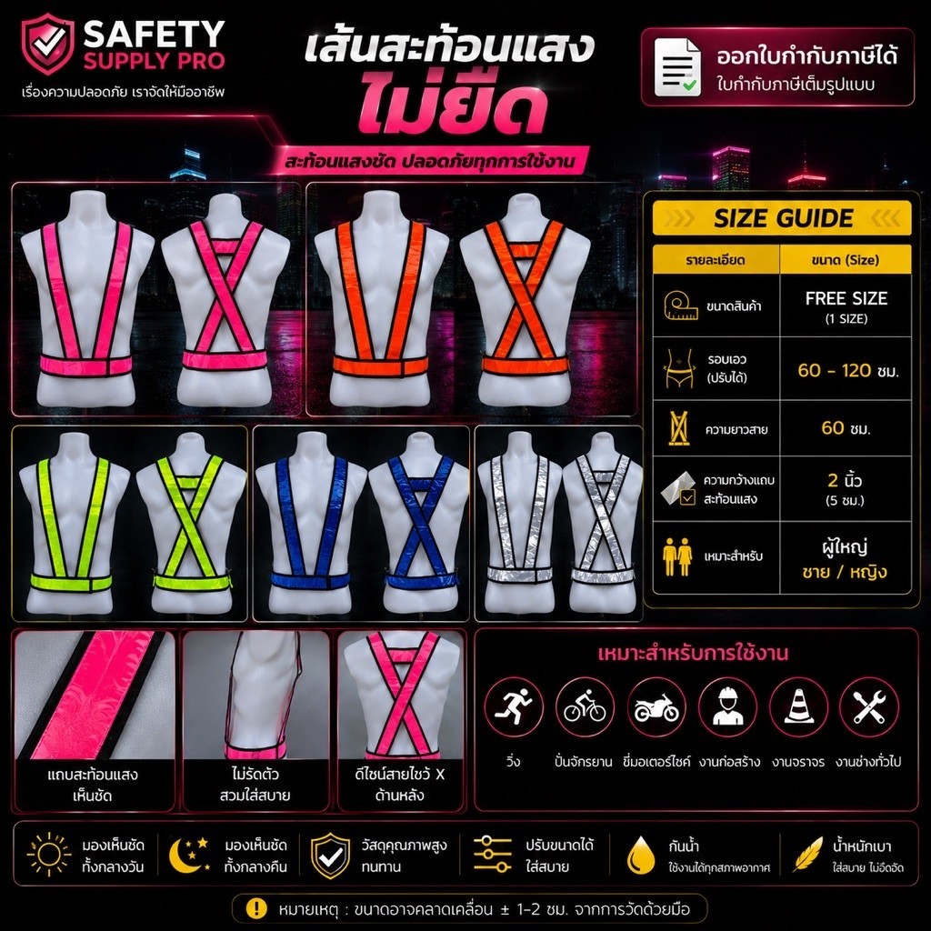 ออกใบกำกับภาษีได้ | สายคาดสะท้อนแสง X แบบไม่ยืด แถบกว้าง 2 นิ้ว ปรับรอบเอวได้ เสื้อสะท้อนแสงสำหรับวิ่ง ปั่นจักรยาน