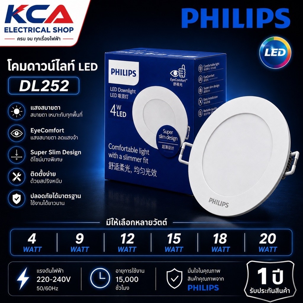 PHILIPS ดาวน์ไลท์ DownLigh LED PHILIPS รุ่น DL252 4W 9W 12W 15W 18W 20W แบบกลม