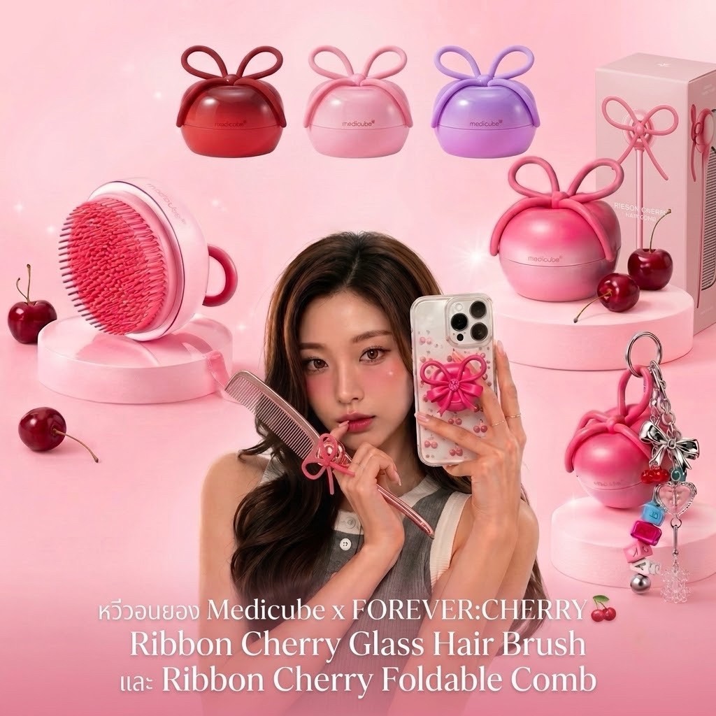 พร้อม​ส่ง​ใน​ไทย​ หวีวอนยอง Medicube x FOREVER:CHERRY  Ribbon Cherry beauty gloss brush ของแท้จากญี่ปุ่น
