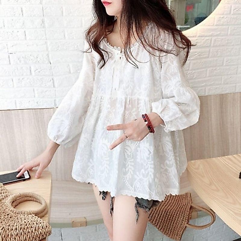 [จํากัดเวลา Seckill] ตุ๊กตาลดอายุแขนยาวหญิงฤดูใบไม้ร่วงหวาน a-Line Lace-Up Lace ปัก