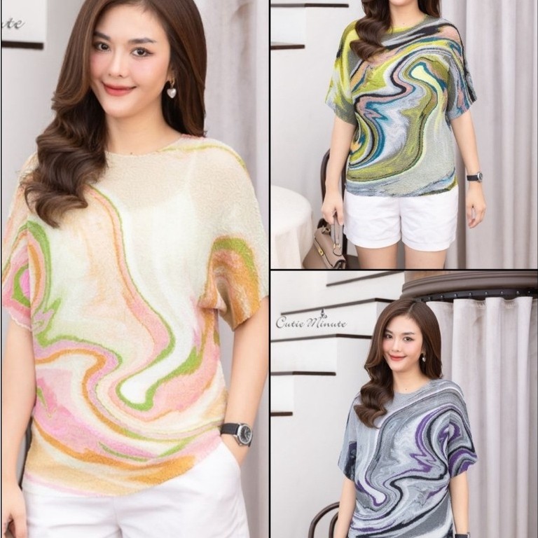 Cutie minute  เสื้อผ้าอัดยับเกรดพรีเมี่ยม เสื้อทรงค้างคาวสั้นสไตล์ลายสีน้ำสวยคมชัด(PT2226)