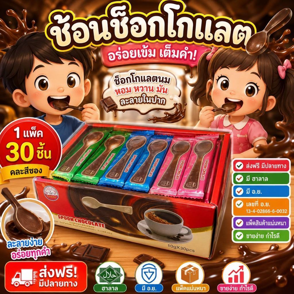 ยกแพค30ชิ้น ช็อกโกแลตรูปช้อน มีอ.ย. แพ็คแยกซอง 30ซอง
