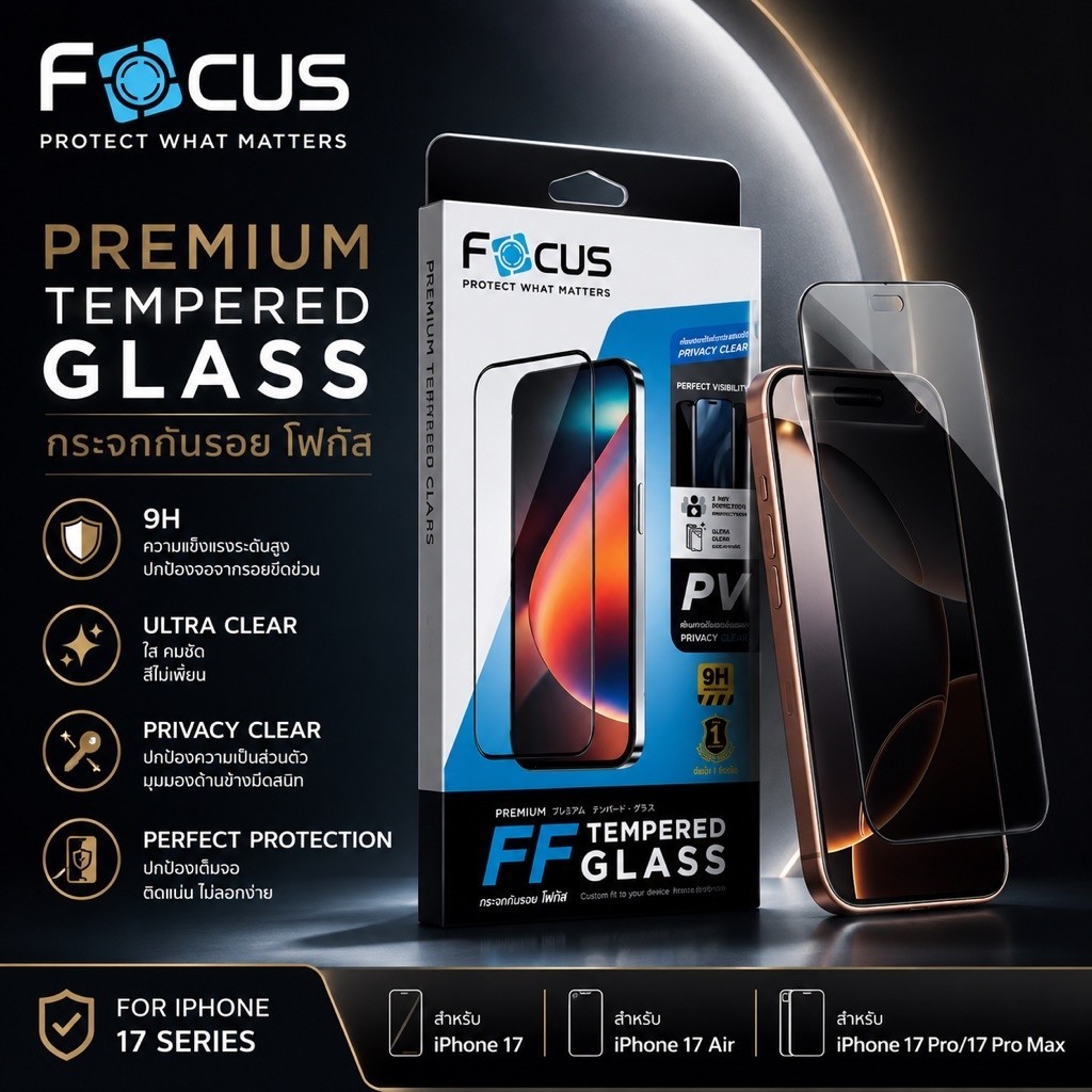 ไอโฟน 17 ทุกรุ่น Focus ฟิล์มกระจกกันรอยเต็มจอกันมอง Privacy ปกป้องความเป็นส่วนตัว