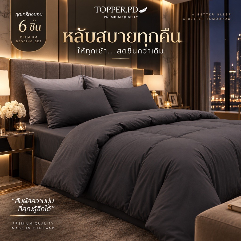 ชุดเครื่องนอน 6 ชิ้น แบรนด์ TOPPER.PD ผ้านวมพร้อมผ้าปูที่นอน รัดมุม 360° สีพื้นสไตล์โรงแรม นุ่มลื่น เรียบหรู