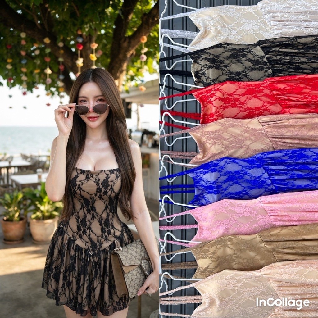 เดรชสั้นลูกไม้PRผูกคอรัดรูปหรูหรา