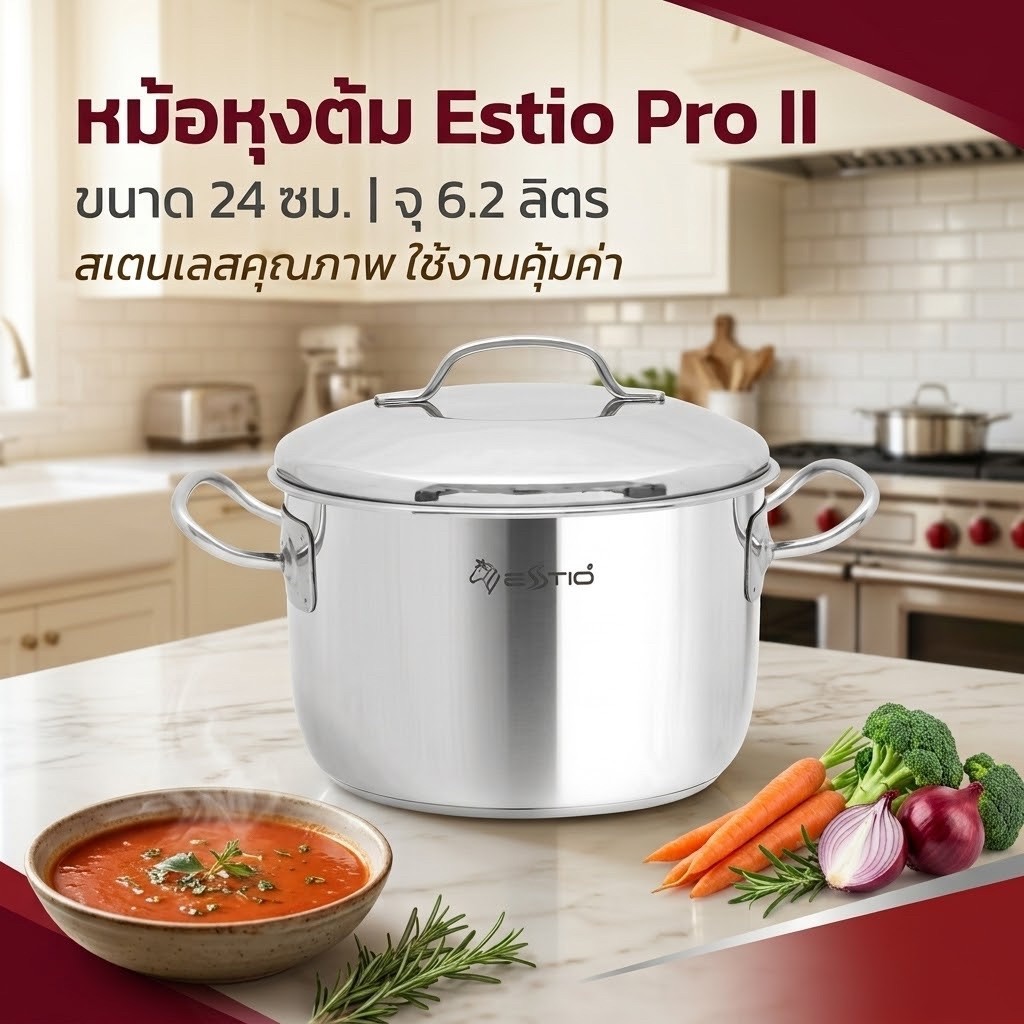 หัวม้าลาย หม้อหุงต้ม Estio Pro II 24 ซม.เสริมแผ่นกระจายความร้อนที่ก้นหม้อ