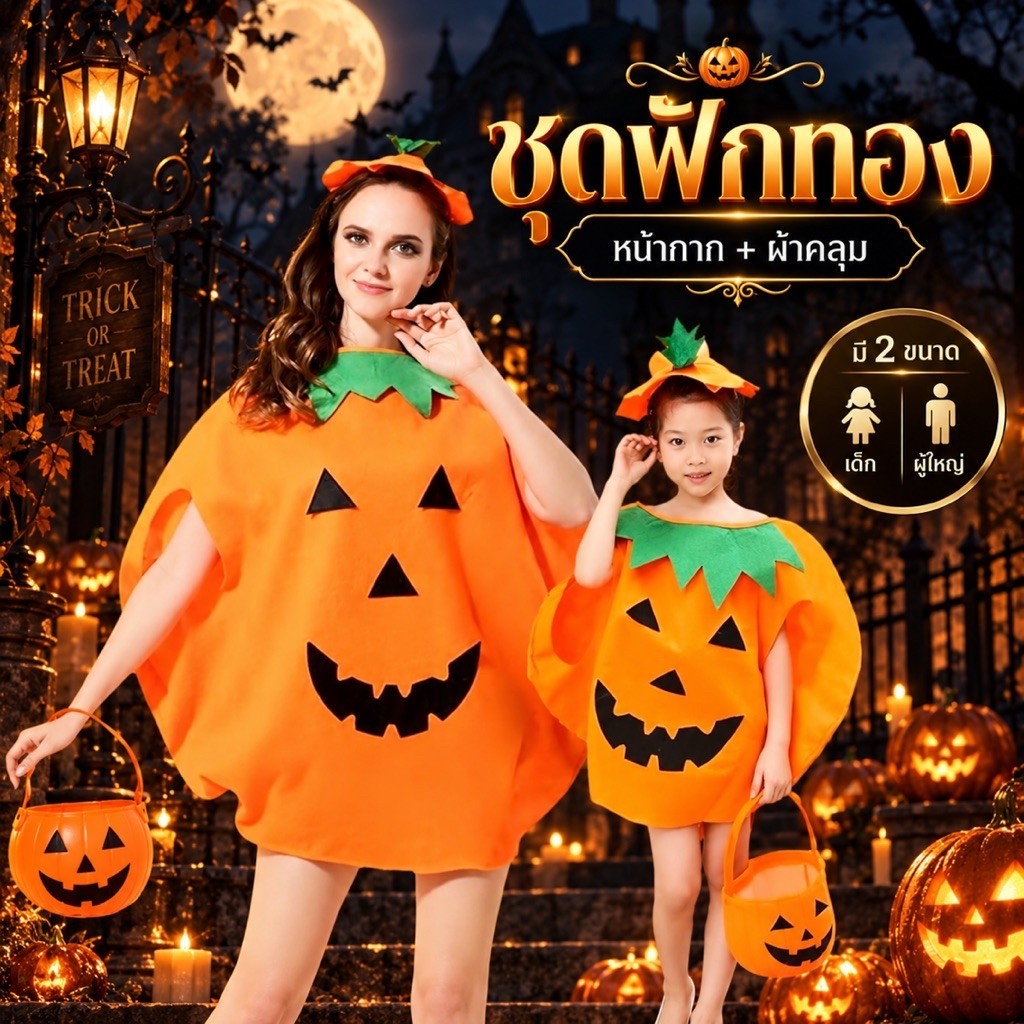 พร้อมส่ง ชุดฟักทอง ถังฟักทองฮาโลวีน มีฝาปิด ชุดเด็ก ผู้ใหญ่ กระป๋องฟักทอง ฮาโลวีน ปาร์ตี้/Pumkin Bucket Halloween