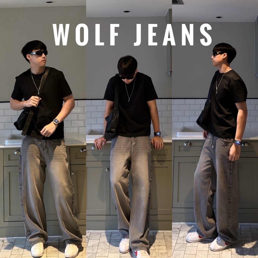 017 Wolf jeans (890.-) กางเกงยีนส์ผู้ชายทรงขากระบอกใหญ่ สีเทา ผ้ายีนส์นิ่ม ใส่สบาย